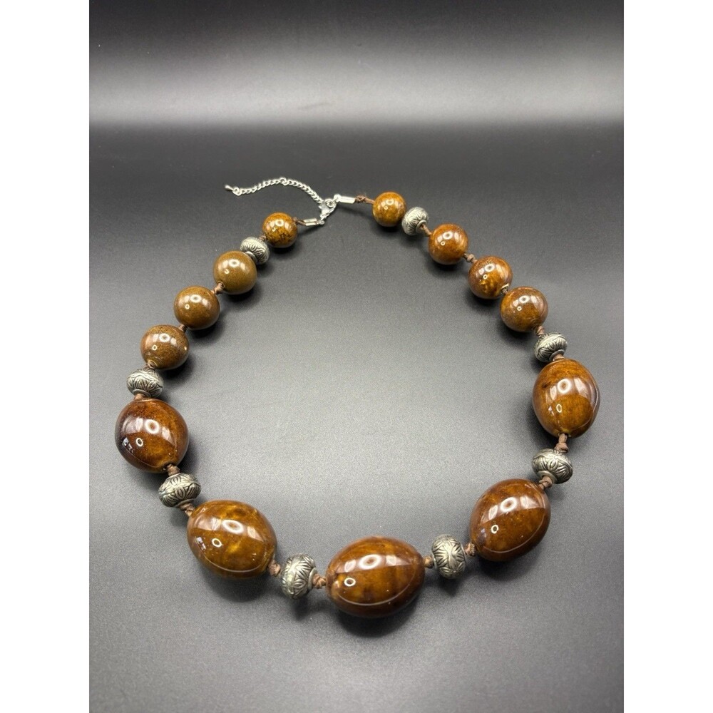 Vintage Brown Lucite Statement Bead Necklace Marbled Resin Silver Tone
